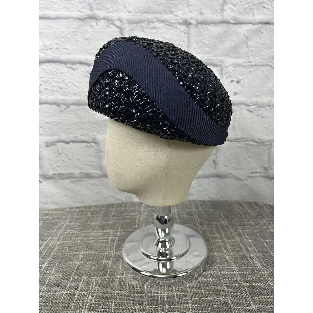 Vintage Trebor 1950s Lacquered Raffia Woven Hat Turban Bubble Navy Blue With Box